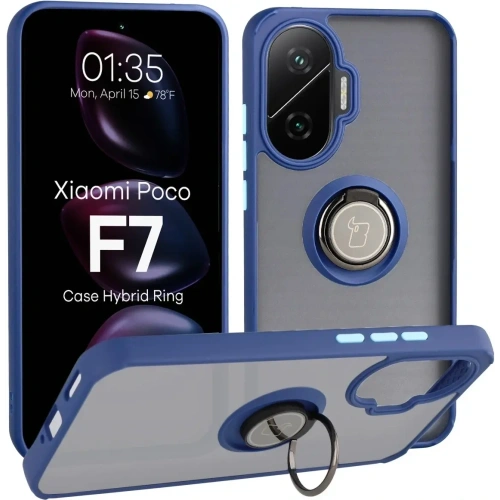 Etui z uchwytem na palec Bizon Case Hybrid Ring do Xiaomi POCO F7 przydymione z granatową ramką