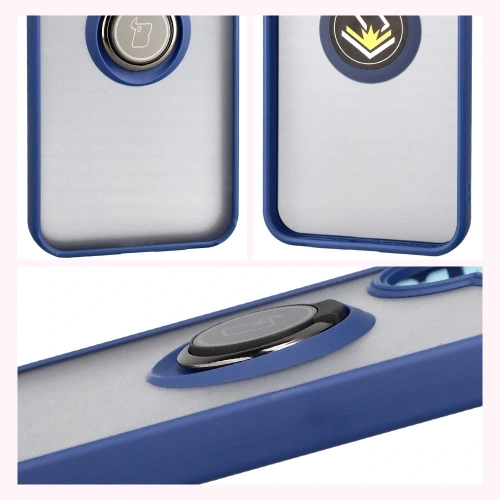 Etui z uchwytem na palec Bizon Case Hybrid Ring do Xiaomi POCO F7 przydymione z granatową ramką