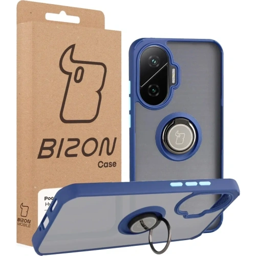 Etui z uchwytem na palec Bizon Case Hybrid Ring do Xiaomi POCO F7 przydymione z granatową ramką