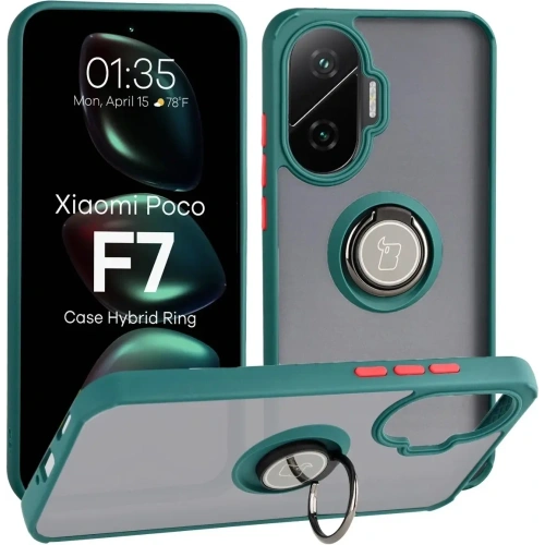 Etui z uchwytem na palec Bizon Case Hybrid Ring do Xiaomi POCO F7 przydymione z ciemnozieloną ramką