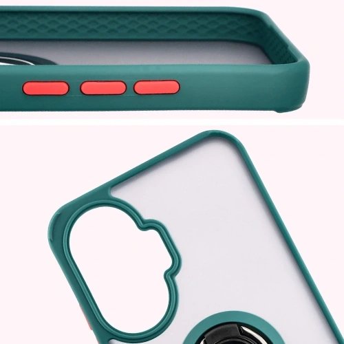 Etui z uchwytem na palec Bizon Case Hybrid Ring do Xiaomi POCO F7 przydymione z ciemnozieloną ramką