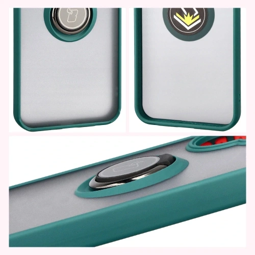 Etui z uchwytem na palec Bizon Case Hybrid Ring do Xiaomi POCO F7 przydymione z ciemnozieloną ramką