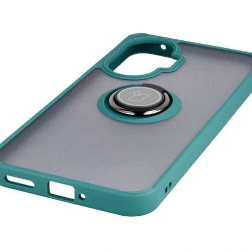 Etui z uchwytem na palec Bizon Case Hybrid Ring do Xiaomi POCO F7 przydymione z ciemnozieloną ramką