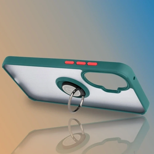 Etui z uchwytem na palec Bizon Case Hybrid Ring do Xiaomi POCO F7 przydymione z ciemnozieloną ramką