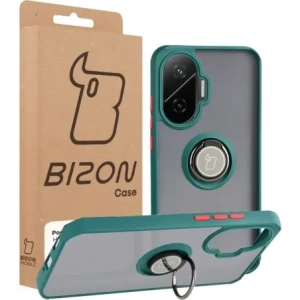 Etui z uchwytem na palec Bizon Case Hybrid Ring do Xiaomi POCO F7 przydymione z ciemnozieloną ramką