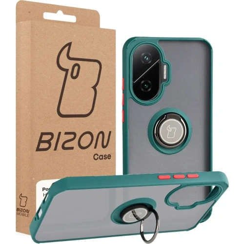 Etui z uchwytem na palec Bizon Case Hybrid Ring do Xiaomi POCO F7 przydymione z ciemnozieloną ramką