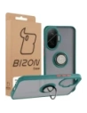 Etui z uchwytem na palec Bizon Case Hybrid Ring do Xiaomi POCO F7 przydymione z ciemnozieloną ramką