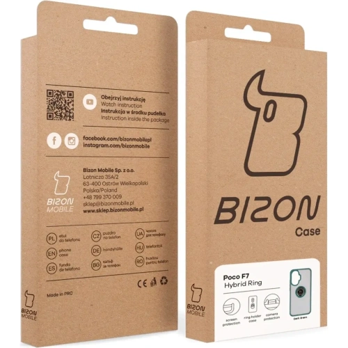 Etui z uchwytem na palec Bizon Case Hybrid Ring do Xiaomi POCO F7 przydymione z ciemnozieloną ramką