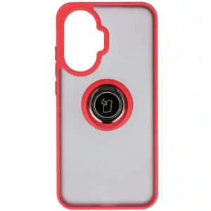 Etui z uchwytem na palec Bizon Case Hybrid Ring do Xiaomi POCO F7 przydymione z czerwoną ramką
