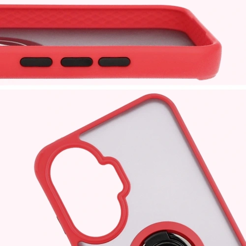 Etui z uchwytem na palec Bizon Case Hybrid Ring do Xiaomi POCO F7 przydymione z czerwoną ramką