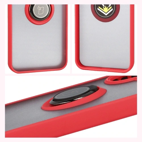 Etui z uchwytem na palec Bizon Case Hybrid Ring do Xiaomi POCO F7 przydymione z czerwoną ramką