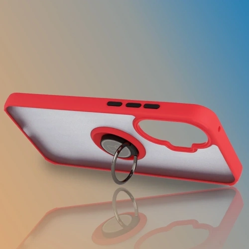 Etui z uchwytem na palec Bizon Case Hybrid Ring do Xiaomi POCO F7 przydymione z czerwoną ramką