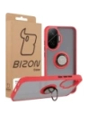 Etui z uchwytem na palec Bizon Case Hybrid Ring do Xiaomi POCO F7 przydymione z czerwoną ramką