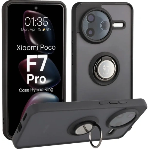 Etui z uchwytem na palec Bizon Case Hybrid Ring do Xiaomi POCO F7 Pro przydymione z czarną ramką