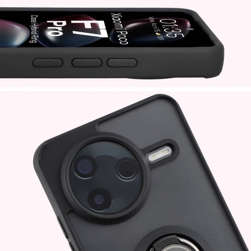 Etui z uchwytem na palec Bizon Case Hybrid Ring do Xiaomi POCO F7 Pro przydymione z czarną ramką