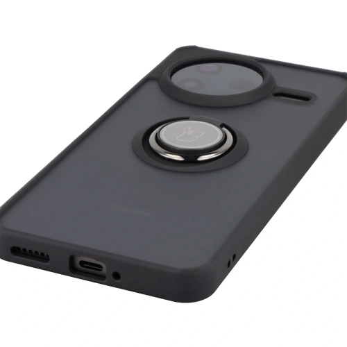 Etui z uchwytem na palec Bizon Case Hybrid Ring do Xiaomi POCO F7 Pro przydymione z czarną ramką