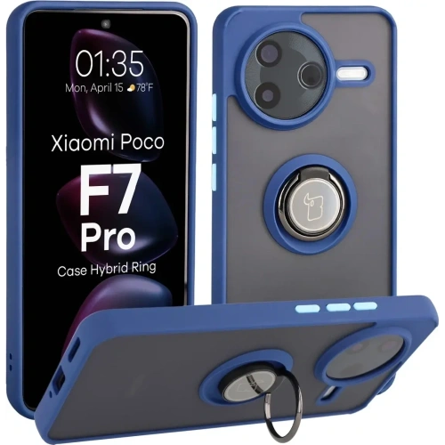 Etui z uchwytem na palec Bizon Case Hybrid Ring do Xiaomi POCO F7 Pro przydymione z granatową ramką