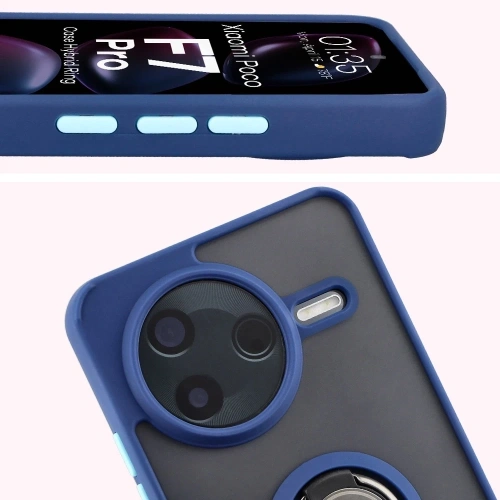 Etui z uchwytem na palec Bizon Case Hybrid Ring do Xiaomi POCO F7 Pro przydymione z granatową ramką