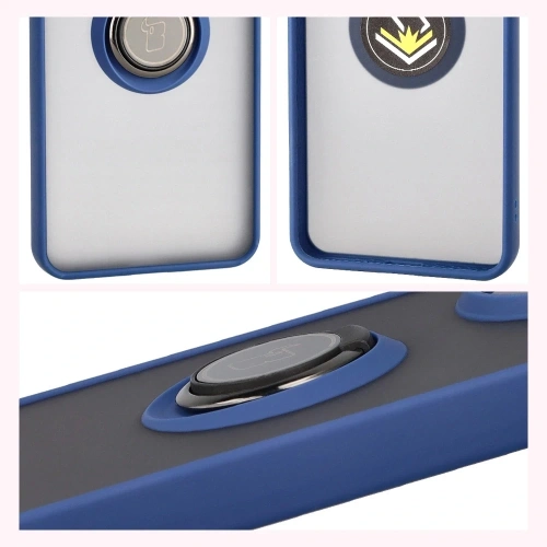 Etui z uchwytem na palec Bizon Case Hybrid Ring do Xiaomi POCO F7 Pro przydymione z granatową ramką