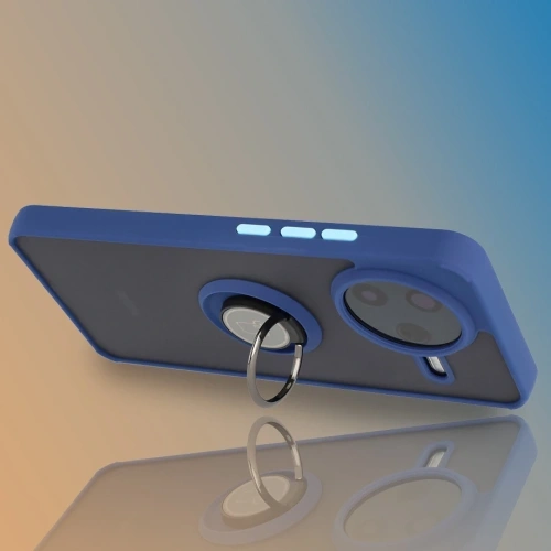 Etui z uchwytem na palec Bizon Case Hybrid Ring do Xiaomi POCO F7 Pro przydymione z granatową ramką