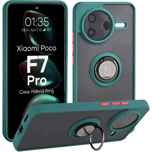 Etui z uchwytem na palec Bizon Case Hybrid Ring do Xiaomi POCO F7 Pro przydymione z ciemnozieloną ramką