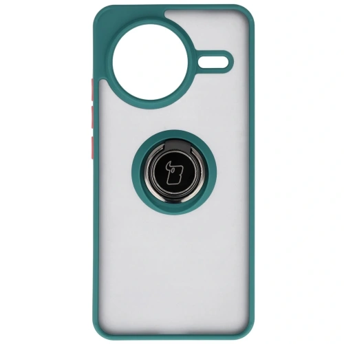 Etui z uchwytem na palec Bizon Case Hybrid Ring do Xiaomi POCO F7 Pro przydymione z ciemnozieloną ramką