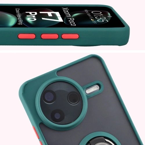 Etui z uchwytem na palec Bizon Case Hybrid Ring do Xiaomi POCO F7 Pro przydymione z ciemnozieloną ramką