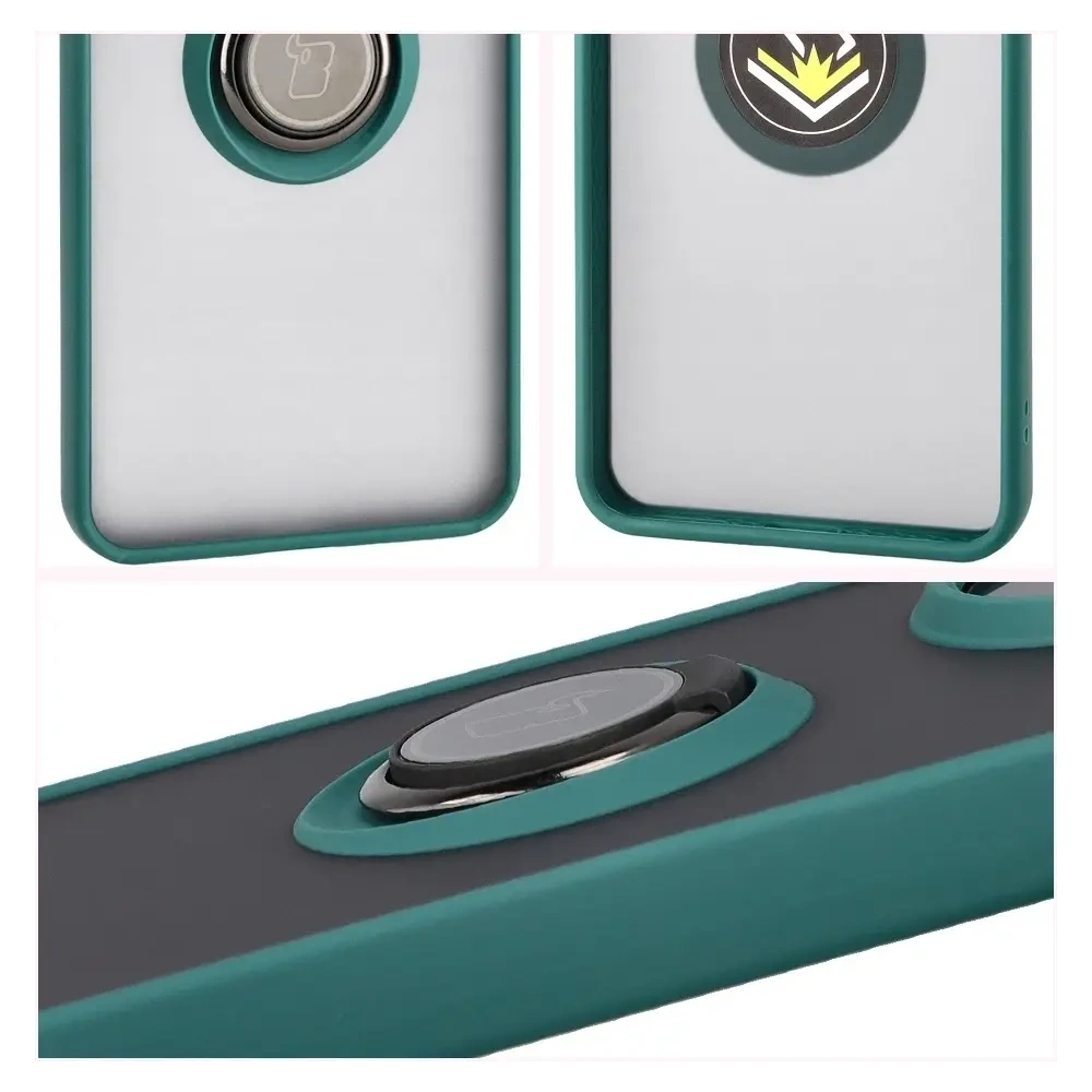 Etui z uchwytem na palec Bizon Case Hybrid Ring do Xiaomi POCO F7 Pro przydymione z ciemnozieloną ramką
