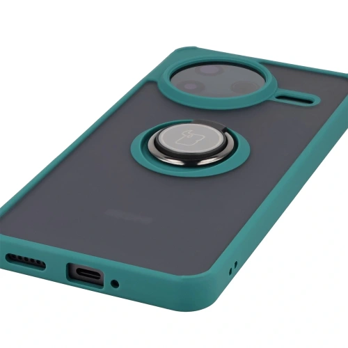Etui z uchwytem na palec Bizon Case Hybrid Ring do Xiaomi POCO F7 Pro przydymione z ciemnozieloną ramką