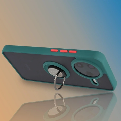 Etui z uchwytem na palec Bizon Case Hybrid Ring do Xiaomi POCO F7 Pro przydymione z ciemnozieloną ramką