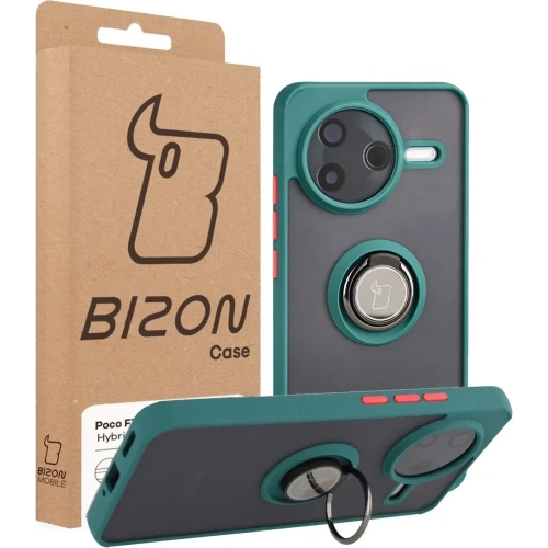 Etui z uchwytem na palec Bizon Case Hybrid Ring do Xiaomi POCO F7 Pro przydymione z ciemnozieloną ramką
