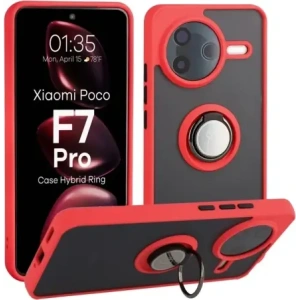 Etui z uchwytem na palec Bizon Case Hybrid Ring do Xiaomi POCO F7 Pro przydymione z czerwoną ramką