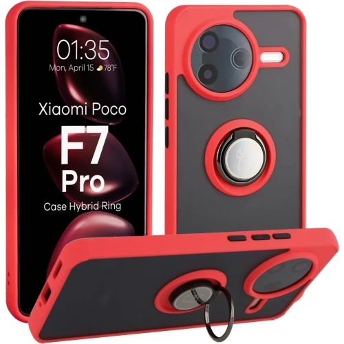 Etui z uchwytem na palec Bizon Case Hybrid Ring do Xiaomi POCO F7 Pro przydymione z czerwoną ramką