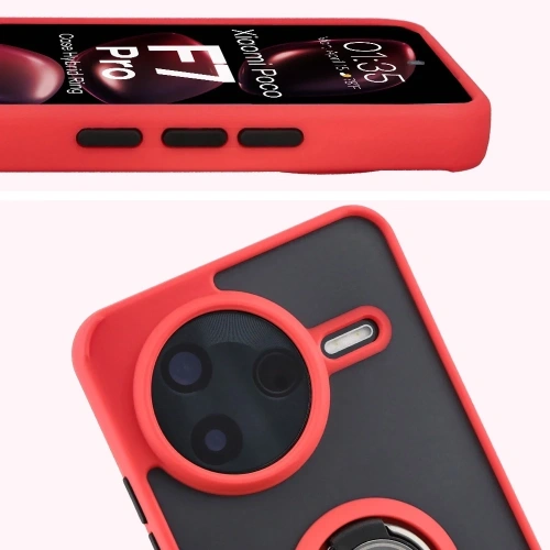Etui z uchwytem na palec Bizon Case Hybrid Ring do Xiaomi POCO F7 Pro przydymione z czerwoną ramką
