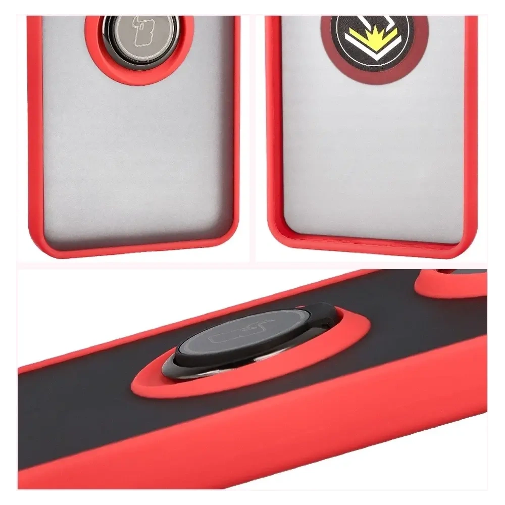 Etui z uchwytem na palec Bizon Case Hybrid Ring do Xiaomi POCO F7 Pro przydymione z czerwoną ramką