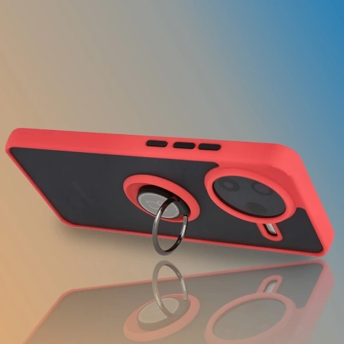 Etui z uchwytem na palec Bizon Case Hybrid Ring do Xiaomi POCO F7 Pro przydymione z czerwoną ramką