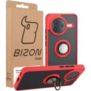Etui z uchwytem na palec Bizon Case Hybrid Ring do Xiaomi POCO F7 Pro przydymione z czerwoną ramką