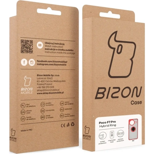 Etui z uchwytem na palec Bizon Case Hybrid Ring do Xiaomi POCO F7 Pro przydymione z czerwoną ramką