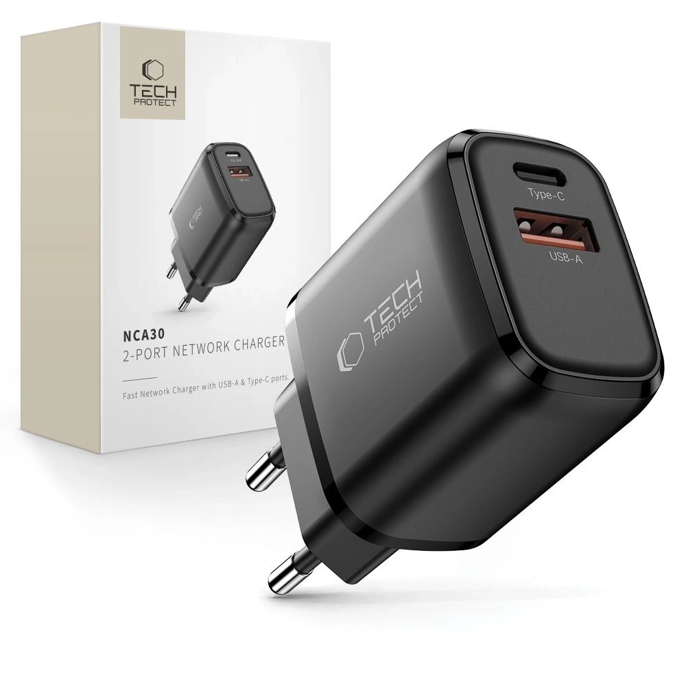 Ładowarka sieciowa Tech-Protect NCA30 USB-A, USB-C Network Charger PD 30W / QC3.0 Black