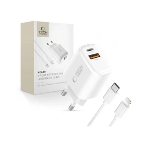 Ładowarka sieciowa Tech-Protect NCA30 USB-A, USB-C Network Charger PD 30W / QC3.0 + Lightning Cable White