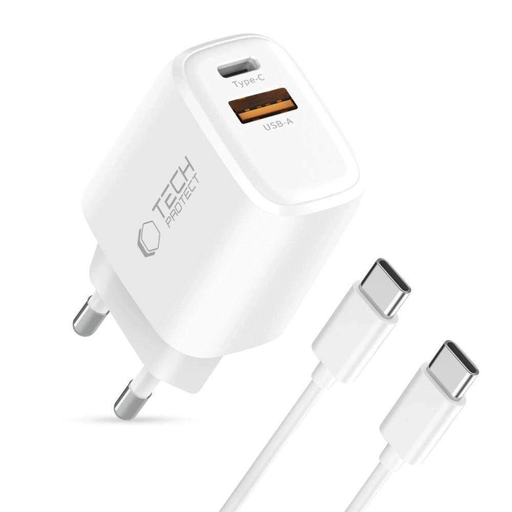 Ładowarka sieciowa Tech-Protect NCA30 USB-A, USB-C Network Charger PD 30W / QC3.0 + USB-C Cable White