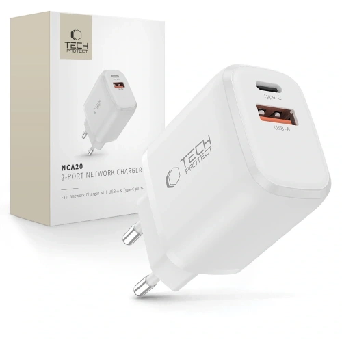 Ładowarka sieciowa Tech-Protect NCA20 USB-A, USB-C Network Charger PD 20W / QC3.0 White