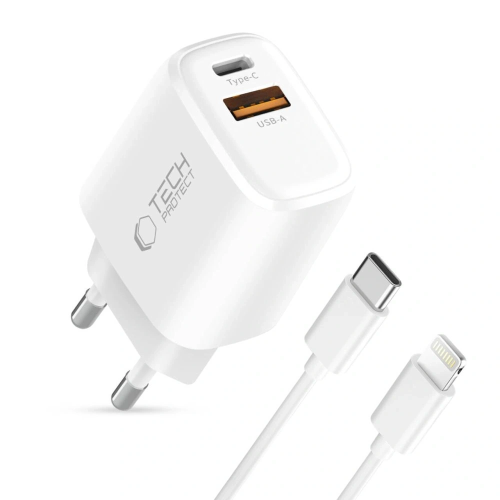 Ładowarka sieciowa Tech-Protect NCA20 USB-A, USB-C Network Charger PD 20W / QC3.0 + Lightning Cable White