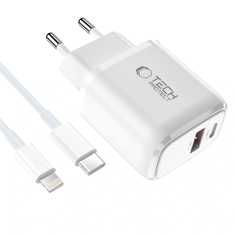 Ładowarka sieciowa Tech-Protect NCA20 USB-A, USB-C Network Charger PD 20W / QC3.0 + Lightning Cable White