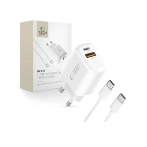 Tech-Protect NCA20 USB-A, USB-C síťová nabíječka PD 20W / QC3.0 + USB-C kabel bílý