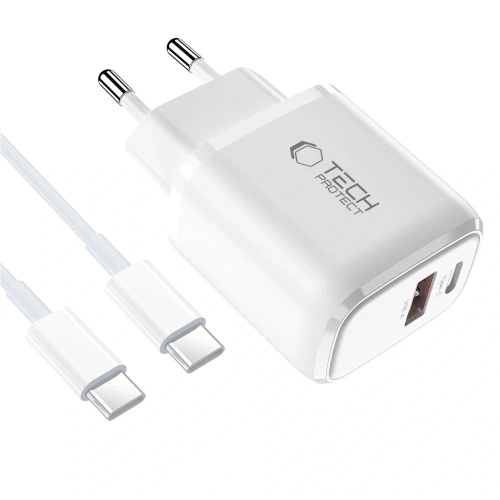 Ładowarka sieciowa Tech-Protect NCA20 USB-A, USB-C Network Charger PD 20W / QC3.0 + USB-C Cable White