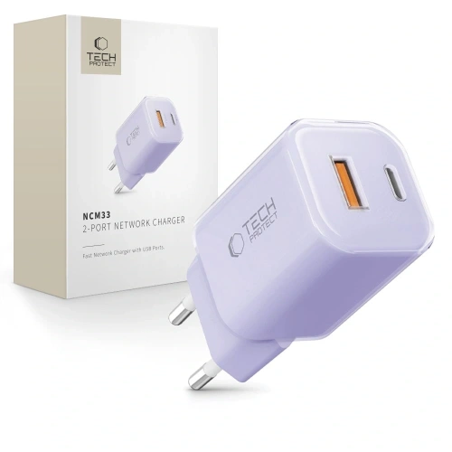 Ładowarka sieciowa Tech-Protect NCM33 USB-A, USB-C Network Charger PD 33W / QC3.0 Baby Purple