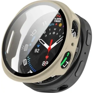 Etui ze szkłem do zegarka Bizon Case+Glass Watch do Samsung Galaxy Watch 8 44mm beżowe