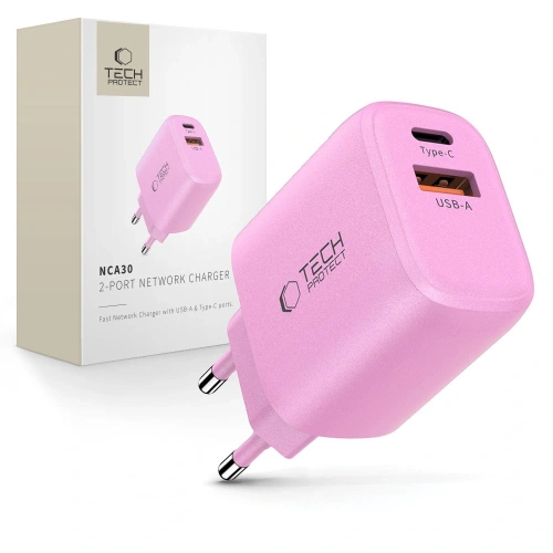 Ładowarka sieciowa Tech-Protect NCA30 USB-A, USB-C Network Charger PD 30W / QC3.0 Baby Pink