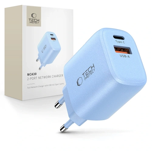 Ładowarka sieciowa Tech-Protect NCA30 USB-A, USB-C Network Charger PD 30W / QC3.0 Baby Blue
